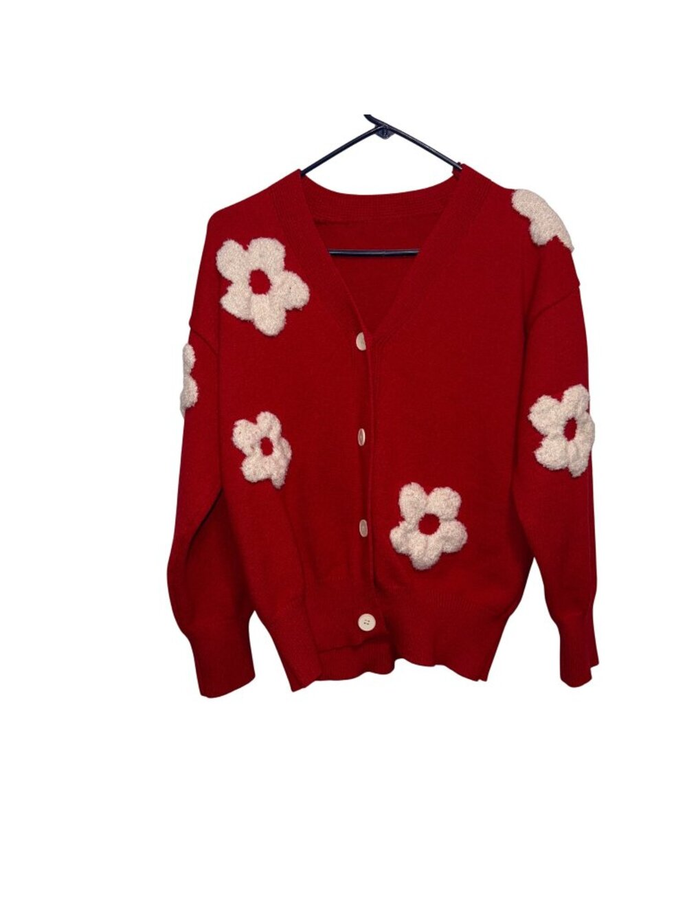Red Button-Up Cardigan With White 3D Floral Design By Cider Long Sleeves Size M